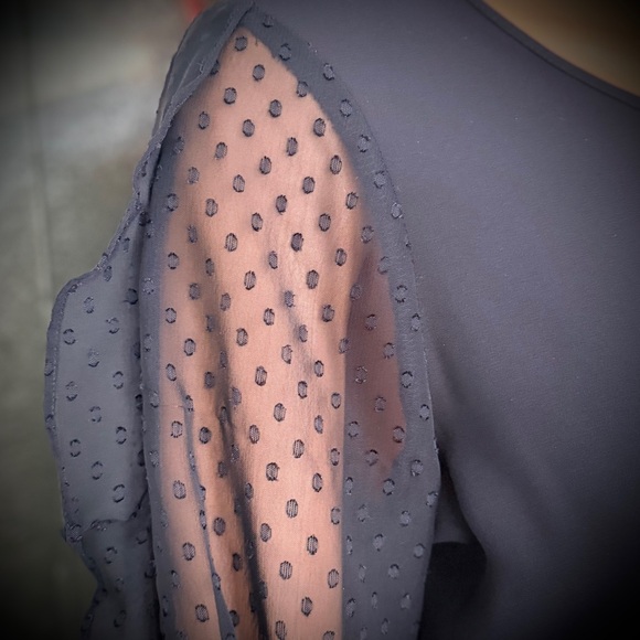 Express Navy Blouse with Sheer Polka Dot Sleeves - Picture 8 of 11